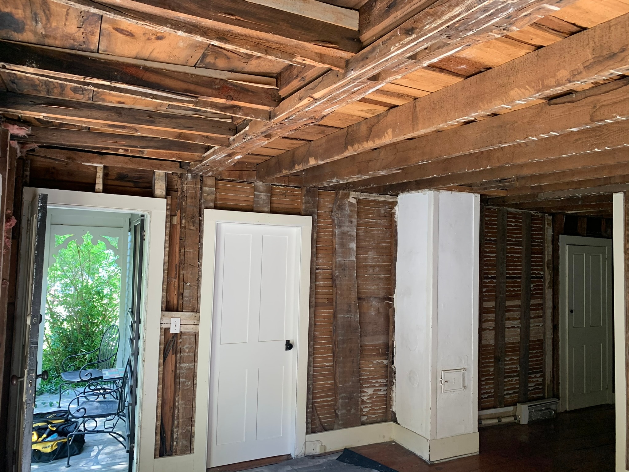 Late 18th-century dining room demo — original ceiling and wall lath exposed